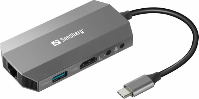 Dock udhëtimi USB-C SANDBERG 136-33 6-në-1 HDMI 4K RJ45 2xUSB 3.0 SD/TF PD 100W, argjendtë