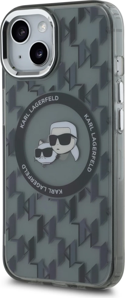 Mbështjellës Karl Lagerfeld IML Monogram Karl & Choupette Head MagSafe për iPhone 15 Plus, Zi