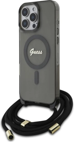 Mbështjellës Guess Crossbody Cord Script MagSafe për iPhone 16 Pro Max, i zi