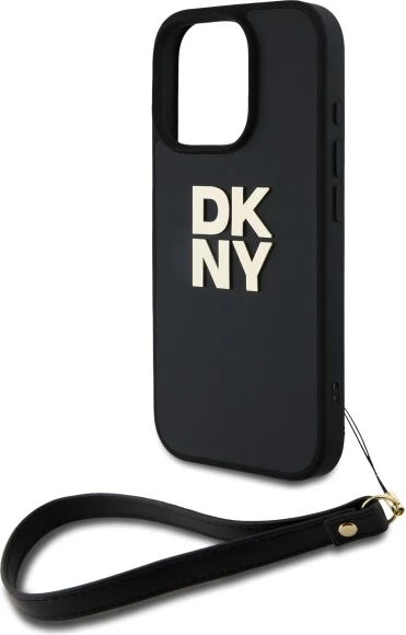 Mbështjellës DKNY Wrist Strap Stock Logo për iPhone 16 Pro, i zi
