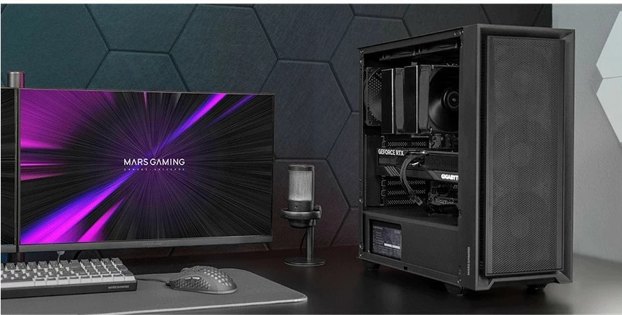 Kasë TACENS MARS MC-PMAX midi tower ATX me 4x 120mm FDB fan, xham i temperuar, pa PSU, e zezë