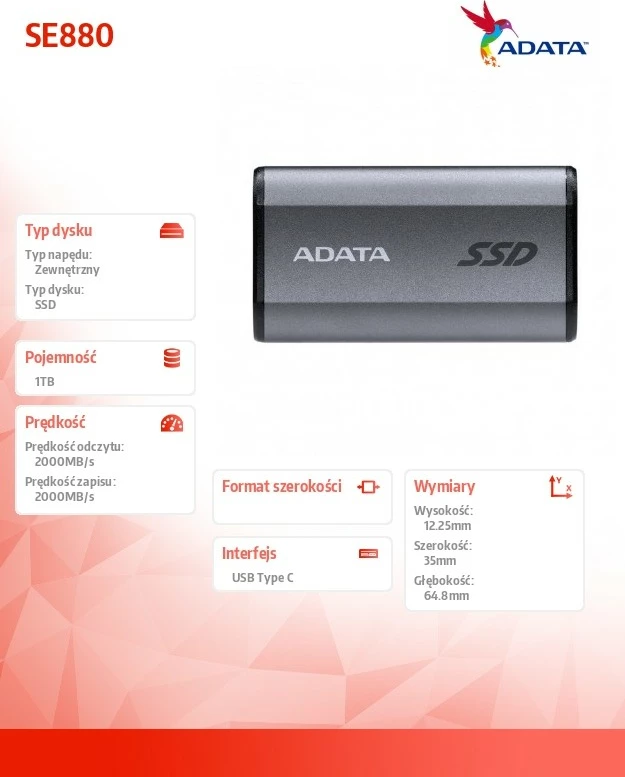 SSD i jashtëm Adata SE880, 1TB, USB 3.2 Gen2x2, Titanium