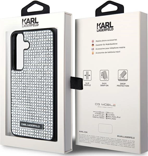 Mbështjellës Karl Lagerfeld Rhinestone Logo Metal Plate për Samsung Galaxy S24, Silver