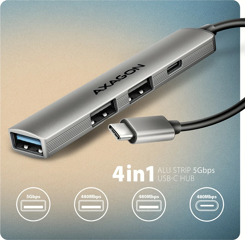 USB-C hub AXAGON HUE-STC 4 porta 1x USB-A 5Gbps 2x USB-A 2.0 + 1x USB-C 2.0 kabllo 12 cm gri