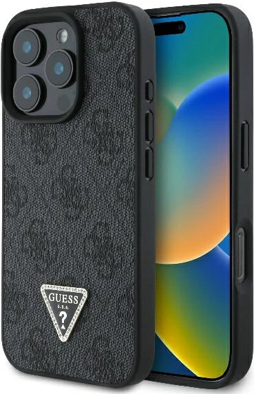 Mbështjellës Guess 4G Triangle Strass për iPhone 16 Pro Max, MagSafe, i zi