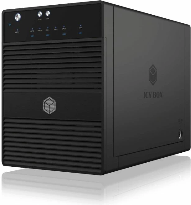 Kasë e jashtme 4-bay për HDD/SSD ICYBOX IB-3740-C31, USB-C USB 3.2 Gen 2 10Gbps, SATA 2.5\u201d/3.5\u201d, SINGLE/JBOD, me ventilator 80mm, e zezë, set