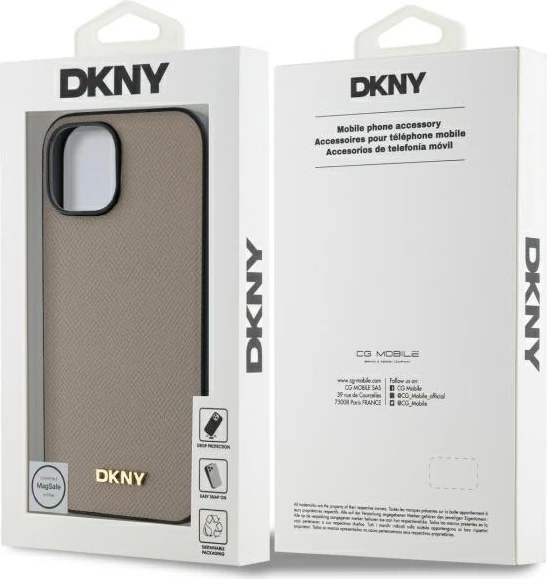 Mbështjellës DKNY Grained Metal Logo MagSafe për iPhone 15, Bezhe