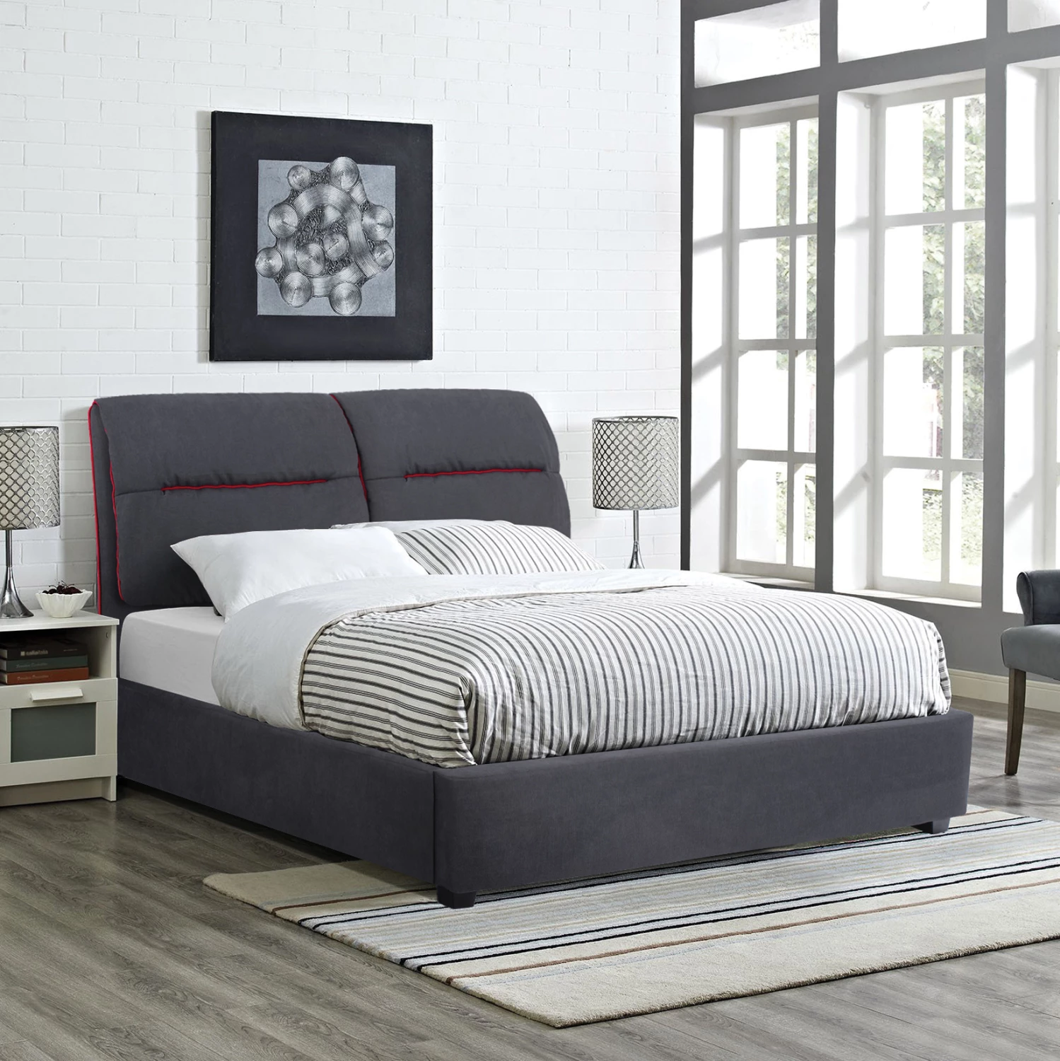 Krevat Kendra FH562, 150x200cm, pëlhurë gri dhe vija të kuqe