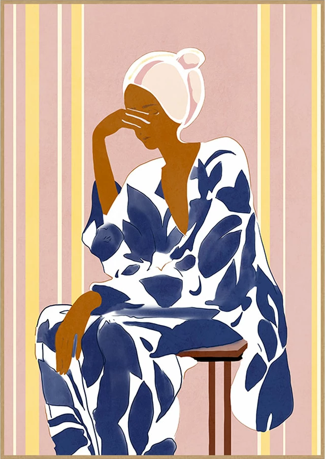 Pikturë dekorative Lady in Blue, shumëngjyrëshe, kornizë druri natyral, 50x70x3cm