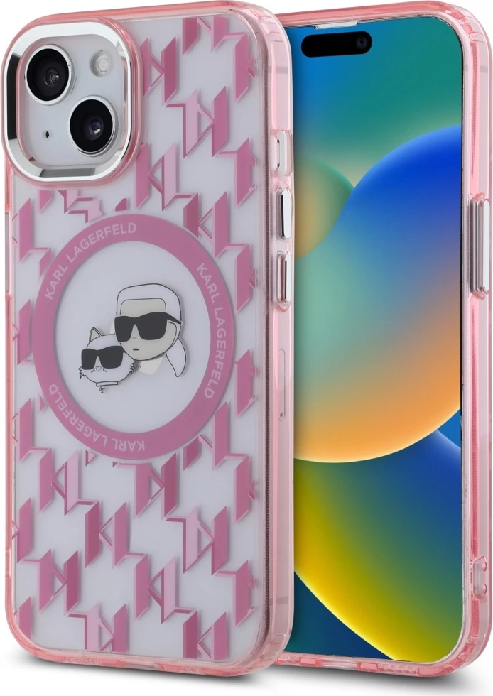 Mbështjellës Karl Lagerfeld IML Monogram Karl & Choupette Head MagSafe për iPhone 15 Plus, Rozë