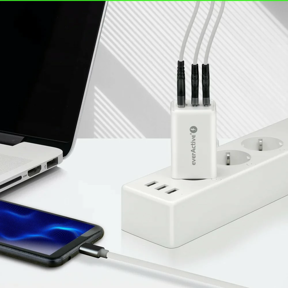 Karikues muri GaN, everActive SC-655Q, 65W, 1x USB + 2x USB-C, PD/PPS/QC4+, i bardhë