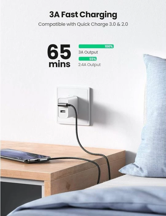 Kabllo USB-A në USB-C UGREEN 20857, 2m, 90° (right-angle), karikim i shpejtë 18W, 480Mbps, e thurur, e zezë