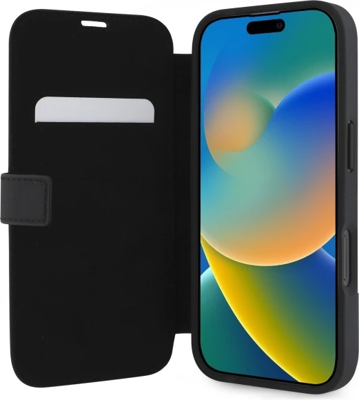 Mbështjellës Mercedes për iPhone 16, imitacion lëkure dhe druri, i zi