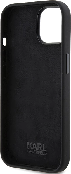 Mbështjellës Karl Lagerfeld Silicone Ikonik Metal Pin për iPhone 15, i zi