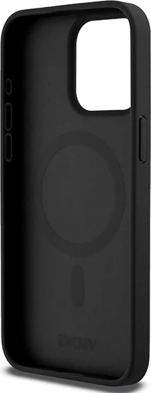 Mbështjellës DKNY Leather Monogram Pattern Metal Logo MagSafe për iPhone 15 Pro Max, i zi