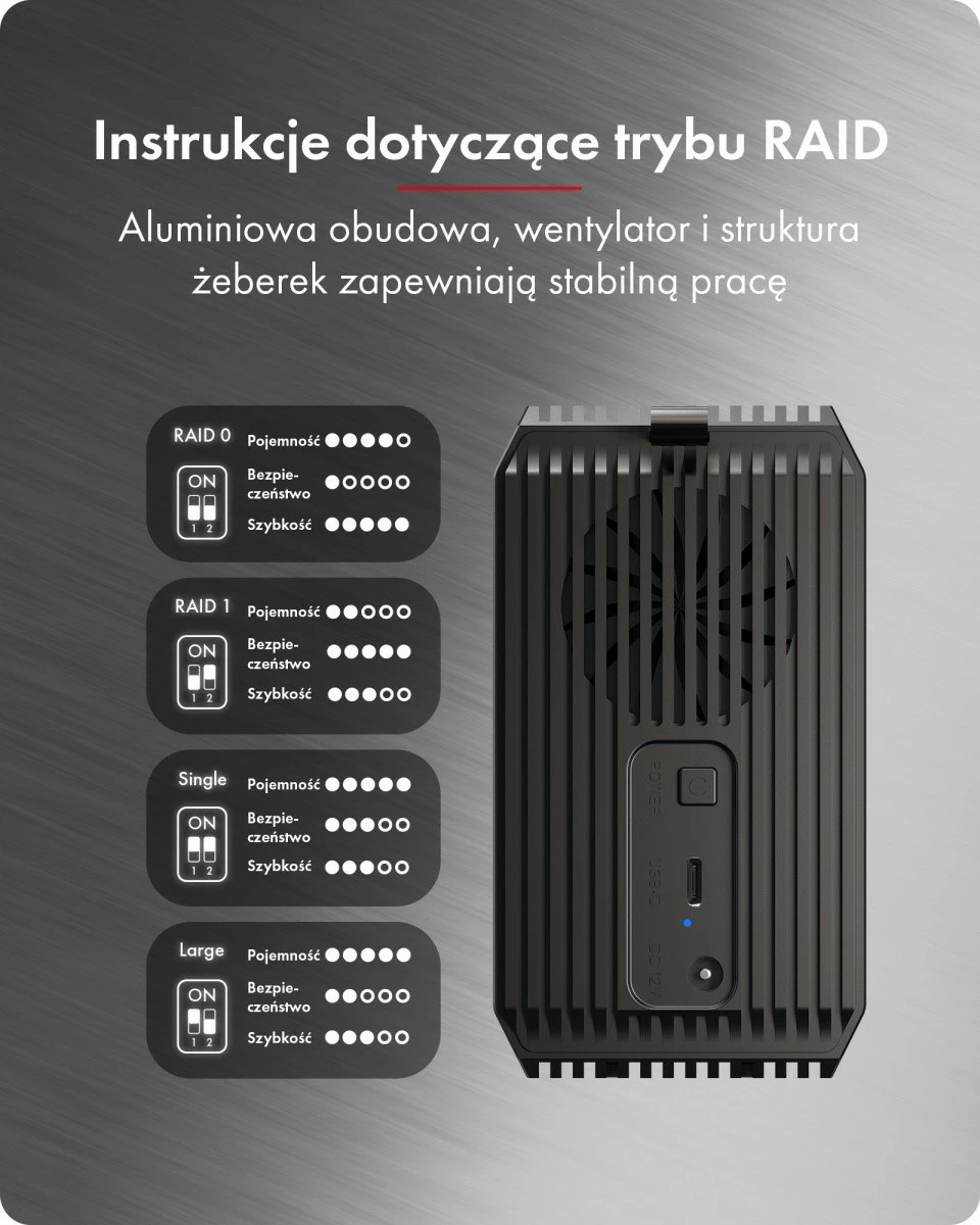 Kasë e jashtme RAID, Icy Box IB-RD3720-CU3, 2x 2.5"/3.5" SATA, USB 3.2 Gen 1 Type‑C 5 Gb/s, deri 60 TB, alumini, e zezë