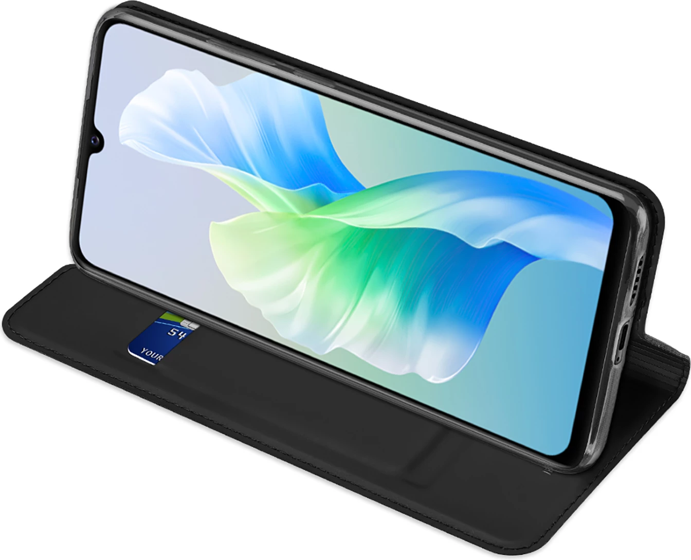 Mbështjellës Dux Ducis Skin Pro për Vivo V23e, me kapak, xhep kartelash dhe mbajtëse, e zezë