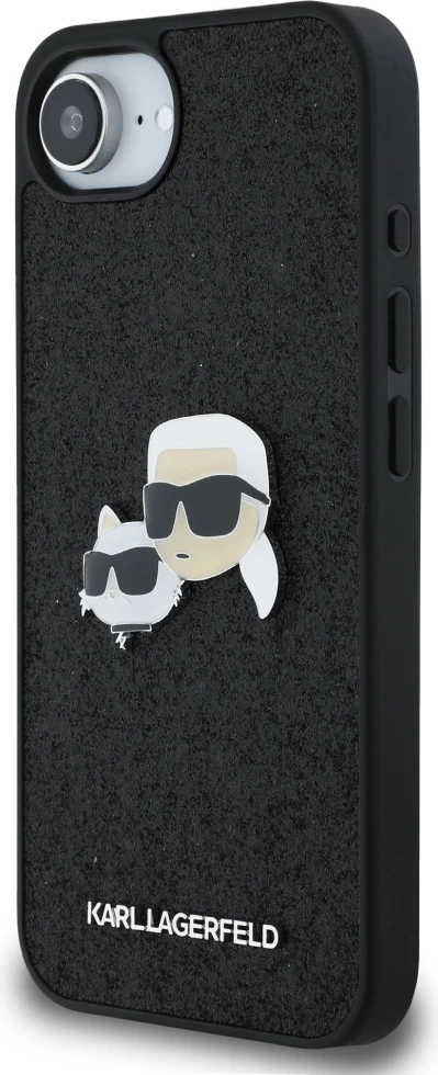 Mbështjellës Karl Lagerfeld Fixed Glitter Karl&Choupette Heads Metal Pin për iPhone 16e, i zi
