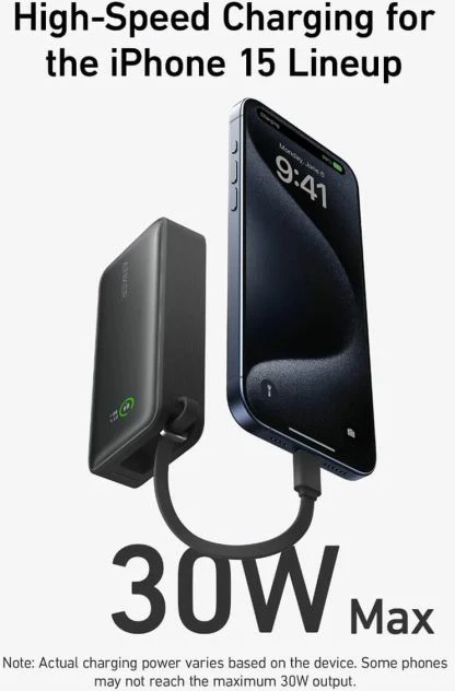 Power bank Anker 545 Nano 10000mAh 30W me kabllo USB-C të integrume, i zi