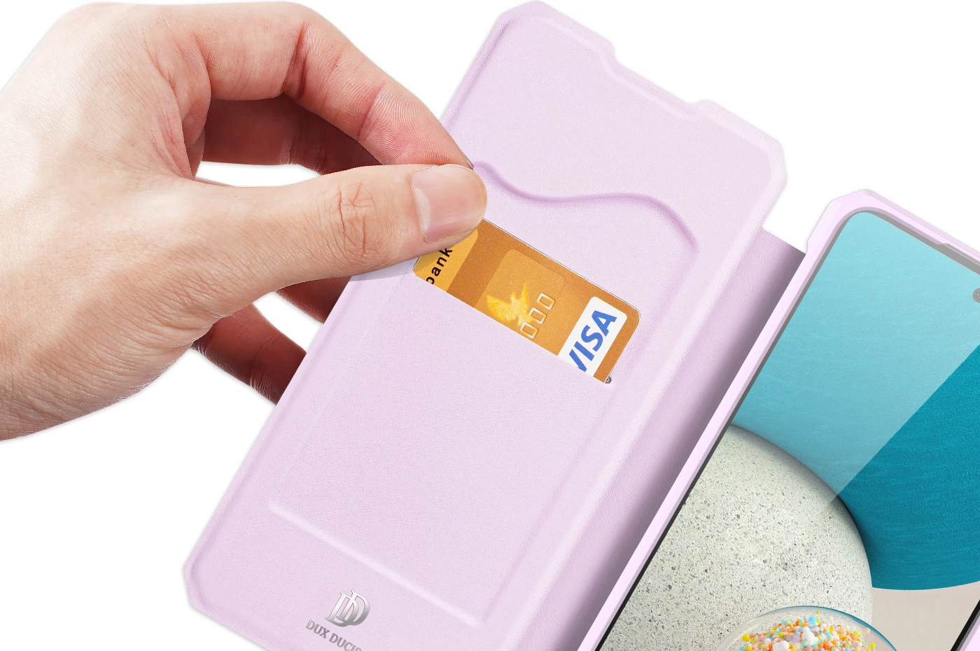 Mbështjellës Dux Ducis Skin X për Samsung Galaxy A73, me xhep për kartela, rozë