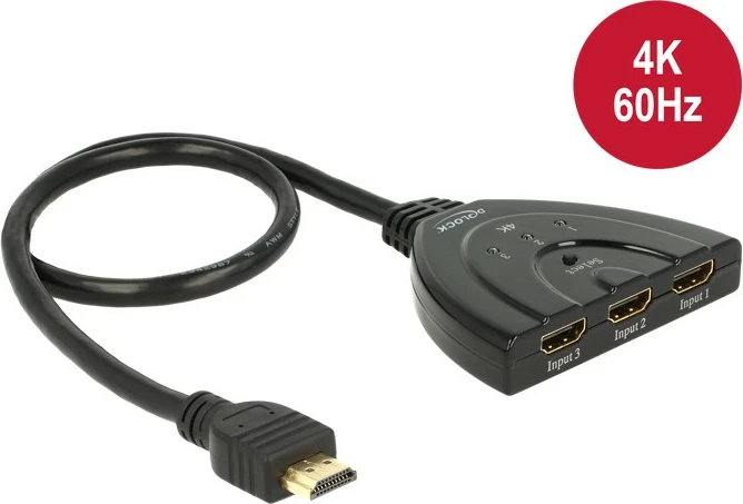Switch HDMI DeLOCK 18600, 3 hyrje, 1 dalje, 4K 60Hz, 0.5m, i zi