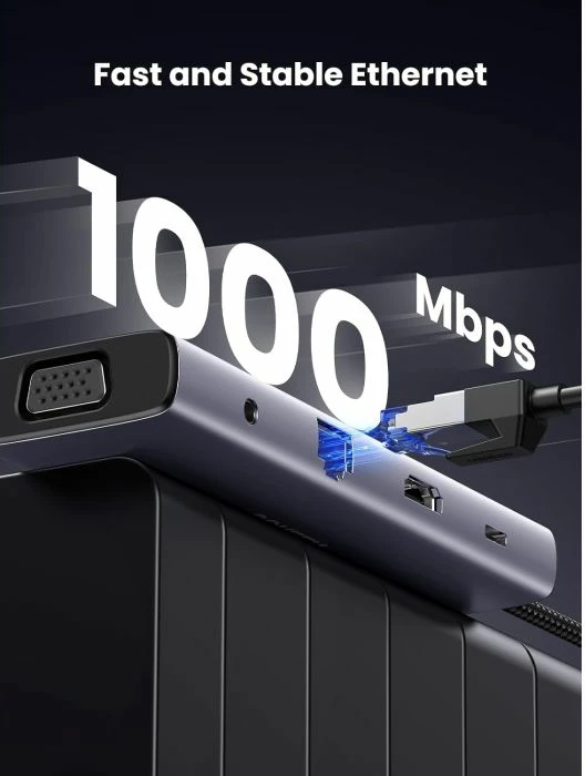 Hub USB-C UGREEN 15601 10-në-1, HDMI 4K + VGA 1080p, Ethernet 1Gbps, PD 100W, gri e errët