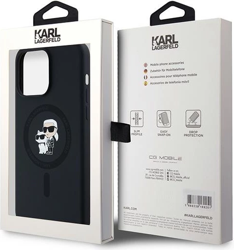 Mbështjellës Karl Lagerfeld Silicone Karl & Choupette Ring MagSafe për iPhone 15 Pro Max, i zi