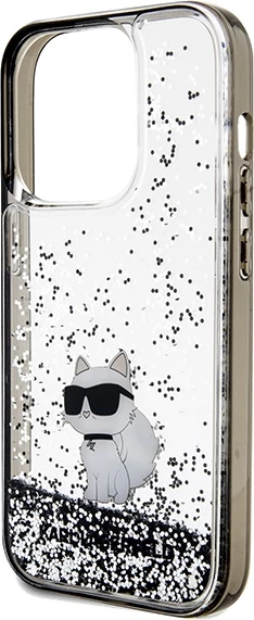 Mbështjellës Karl Lagerfeld Liquid Glitter Choupette për iPhone 14 Pro, transparent, argjendtë