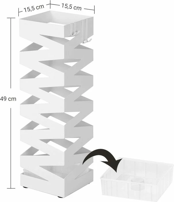 Mbajtëse ombrellash metalike SONGMICS LUC16W, 15.5 x 15.5 x 49 cm, me grepë & tabaka pikimi, e bardhë, set 1 copë + tabaka + 4 grepë