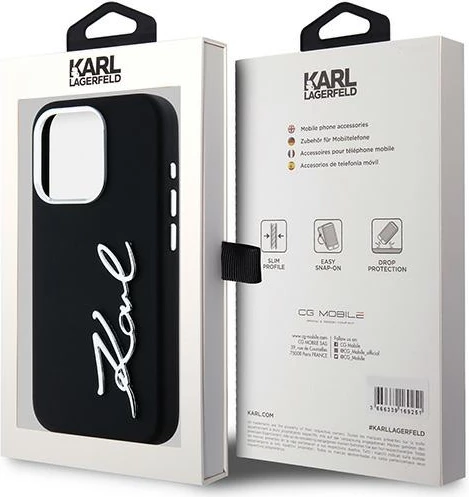 Mbështjellës Karl Lagerfeld Silicone Metal Script Logo për iPhone 15 Pro, i zi