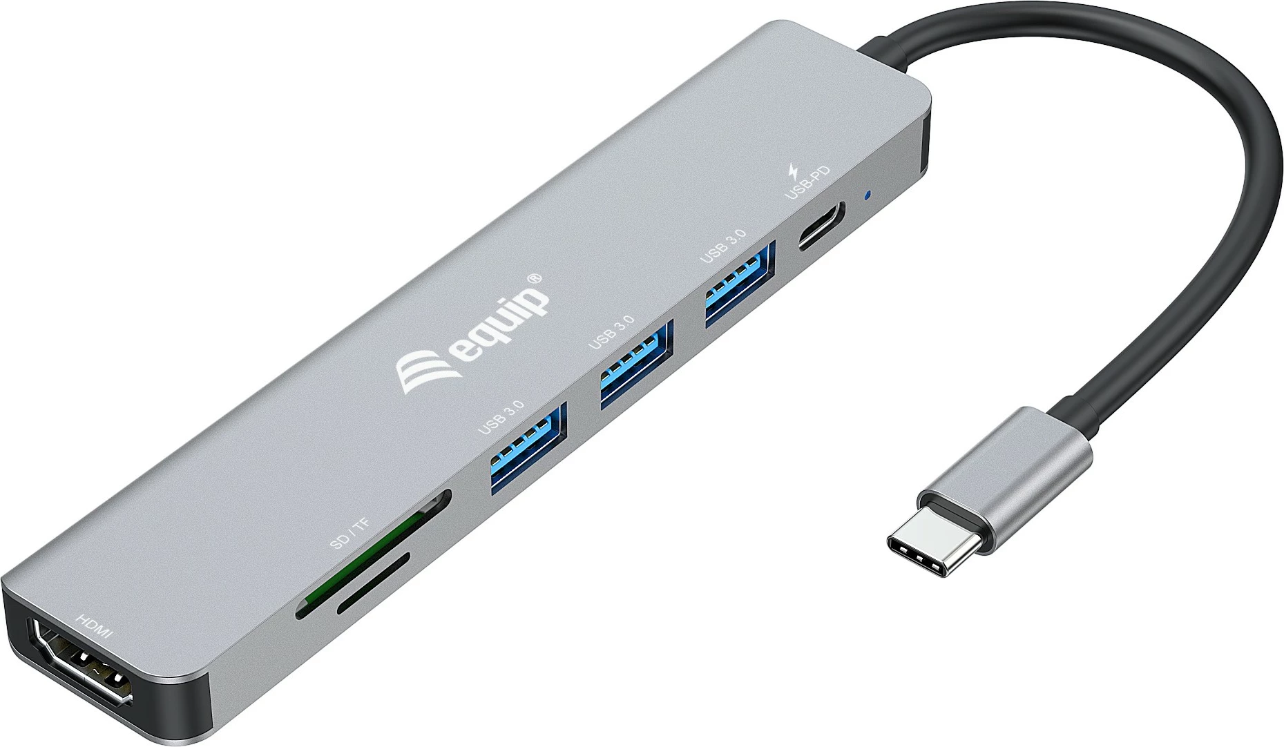 Adapter multifunksional USB-C 7-në-1 Equip 133494, HDMI 4K/60Hz, 3x USB 3.2, SD/MicroSD, 100W, argjendtë