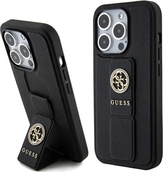 Mbështjellës Guess Grip Stand 4G Saffiano Strass për iPhone 15 Pro Max, i zi