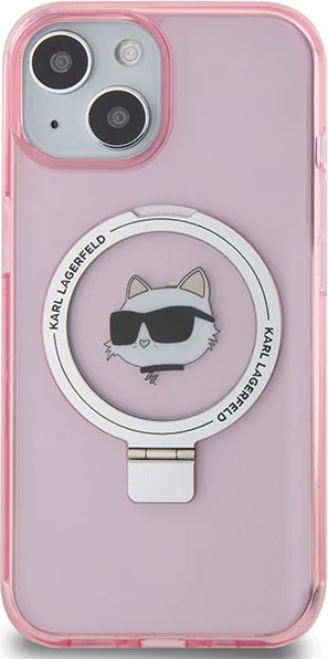 Mbështjellës Karl Lagerfeld KLHMP15SHMRSCHP për iPhone 15 6.1", hardcase me ring stand MagSafe, rozë