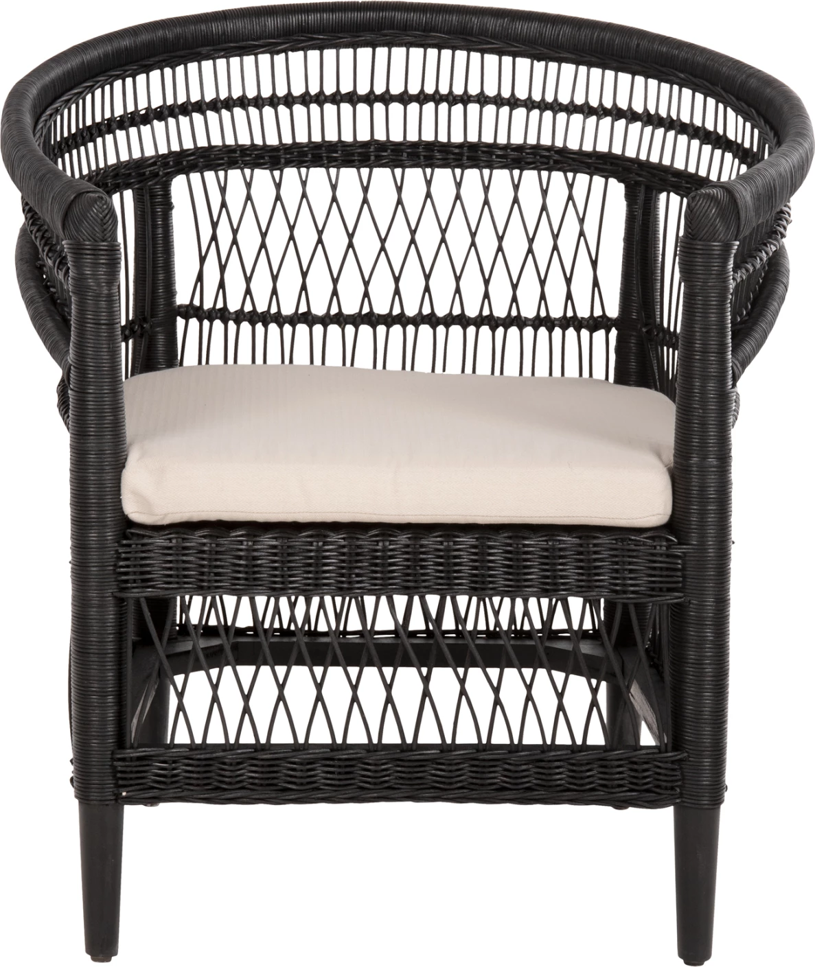 Karrige Malawi FH9635.03 dru mahogany me rattan, jastëk bardhë e zi, 80x70x86H cm
