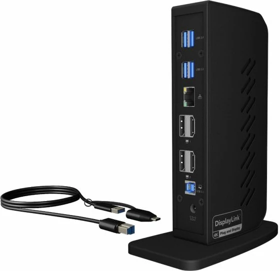 Stacion dokimi USB-C/A ICYBOX IB-DK2252AC 12-në-1 DisplayLink, 2x HDMI + 2x DisplayPort 4K@60Hz, 6x USB 3.0, PD 65W, Ethernet Gigabit, i zi