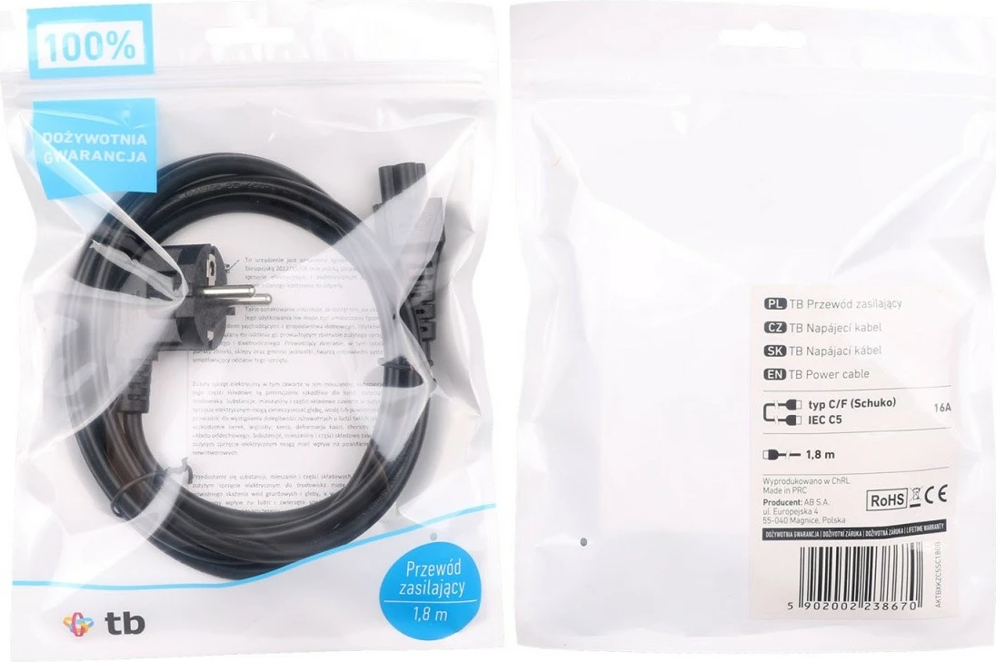 Kabllo rryme TB AKTBXKZC5SC180B, IEC C5, 1.8 m, e zezë