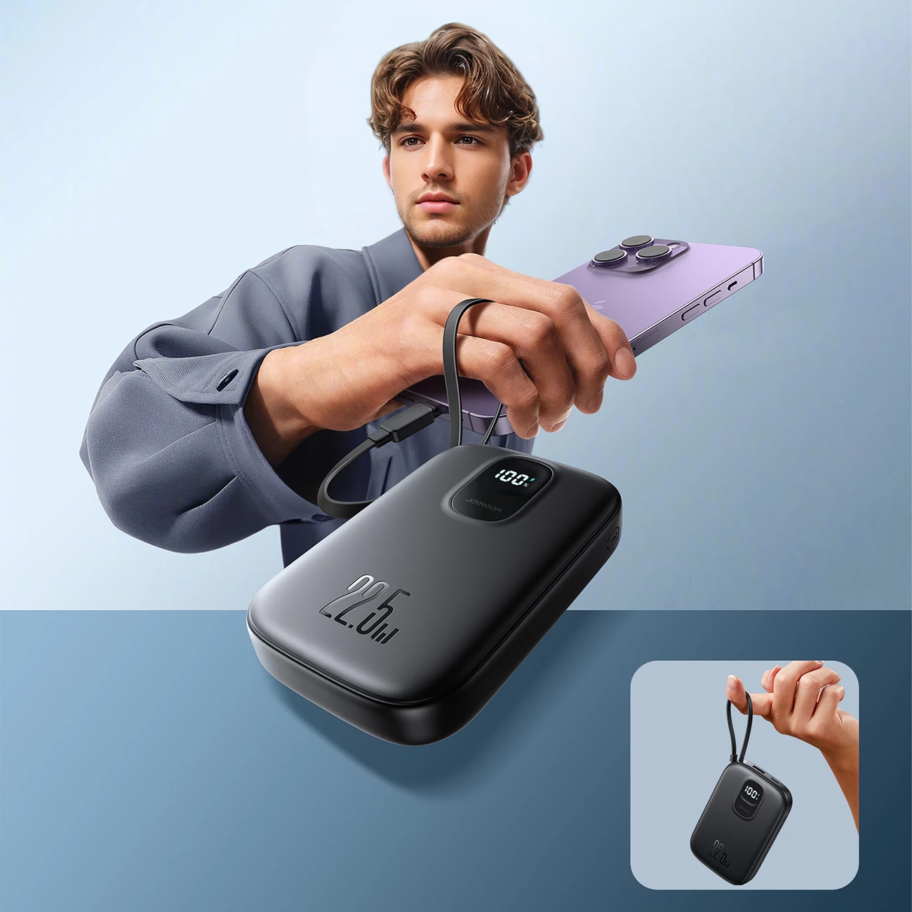 Powerbank Joyroom JR-PBF18, 10000mAh, 22.5W, me kabllo Lightning të integruar + kabllo USB-C 25cm, e zezë