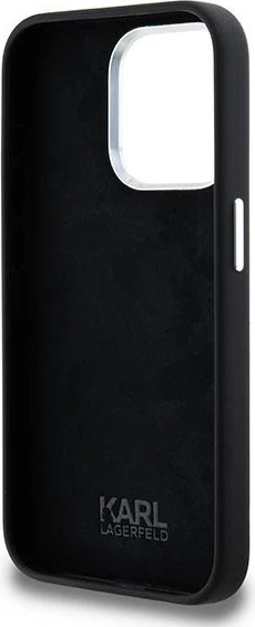 Mbështjellës Karl Lagerfeld Silicone Metal Script Logo për iPhone 15 Pro, i zi