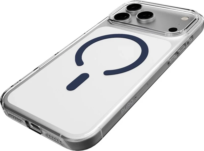Mbështjellës Puro Lite Mag për iPhone 17 Pro, kompatibil me MagSafe, transparent me unazë të kaltër