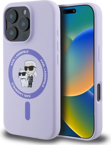 Mbështjellës Karl Lagerfeld Silicone Karl&Choupette Heads Ring MagSafe për iPhone 16 Pro, Violet