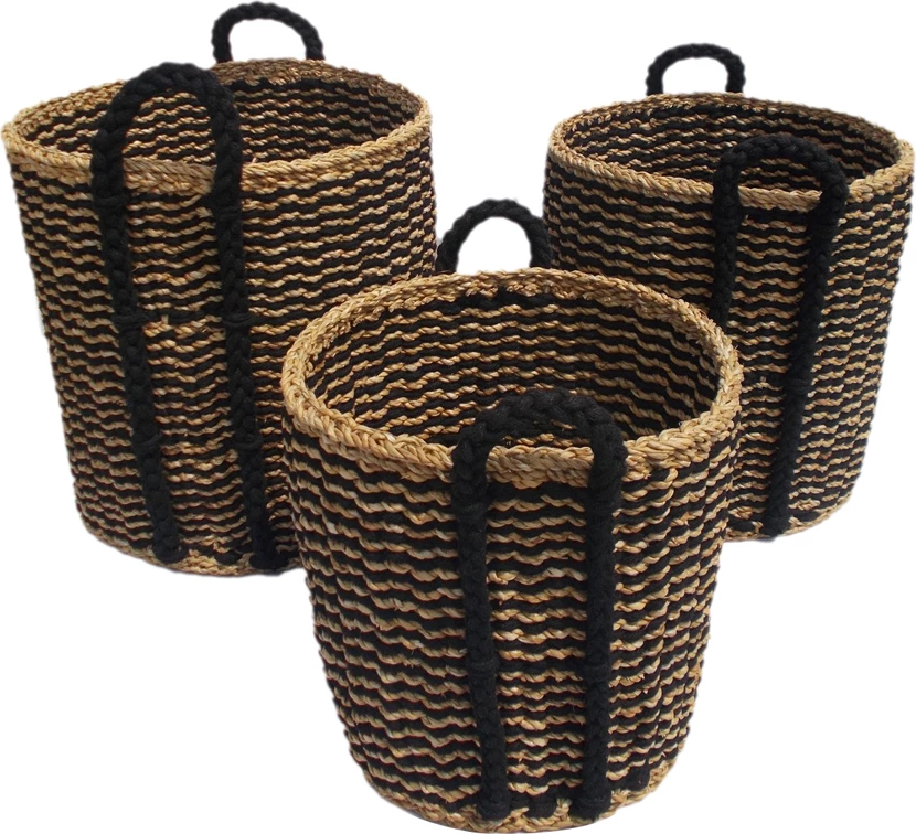 Set shporta DURUK 3 copë, 45x45x45cm, kashtë deti, litar hogla, natyrale/zi