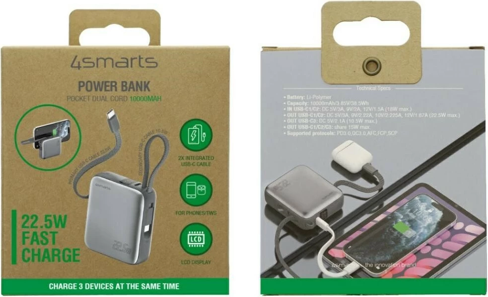 Powerbank 4smarts Pocket Dual Cord 4SM000030 10000mAh 22.5W me kabllo USB-C të integrume 15cm, gri
