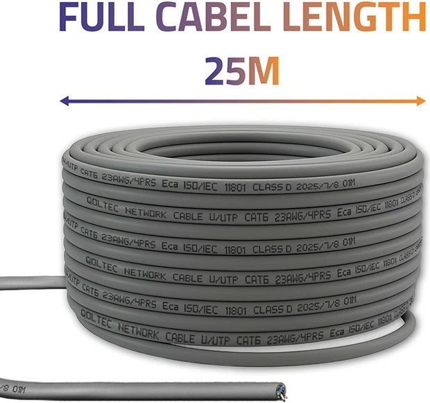 Kabllo rrjeti, Qoltec, 54558, CAT6 U/UTP bakër i plotë 25m 1 Gb/s 250 MHz, gri