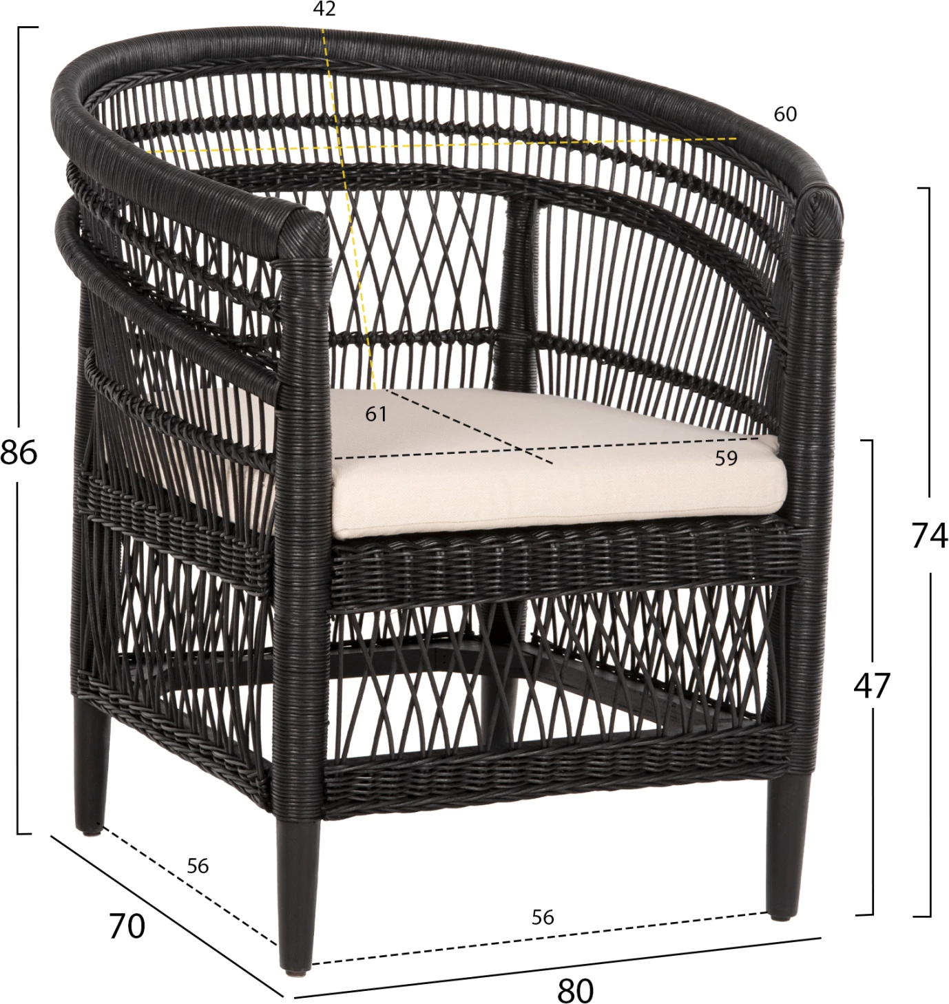 Karrige Malawi FH9635.03 dru mahogany me rattan, jastëk bardhë e zi, 80x70x86H cm