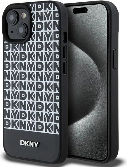 Mbështjellës DKNY Leather Printed Pattern Metal Logo MagSafe për iPhone 15/14/13, i zi