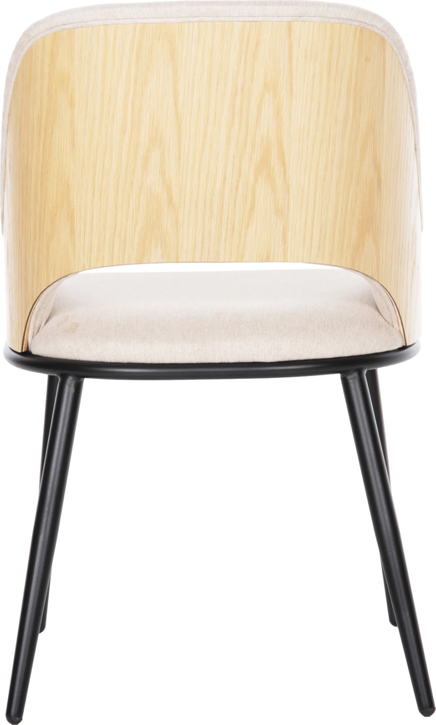 Karrige ngrënieje DELF FH9617.02, pëlhurë bezhë, këmbë metali të zeza, shpinë druri ngjyrë lisi, 48x55x76 cm, set prej 2 copë