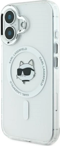 Mbështjellës Karl Lagerfeld IML Metal Choupette Head MagSafe për iPhone 16 Plus, Bardhë