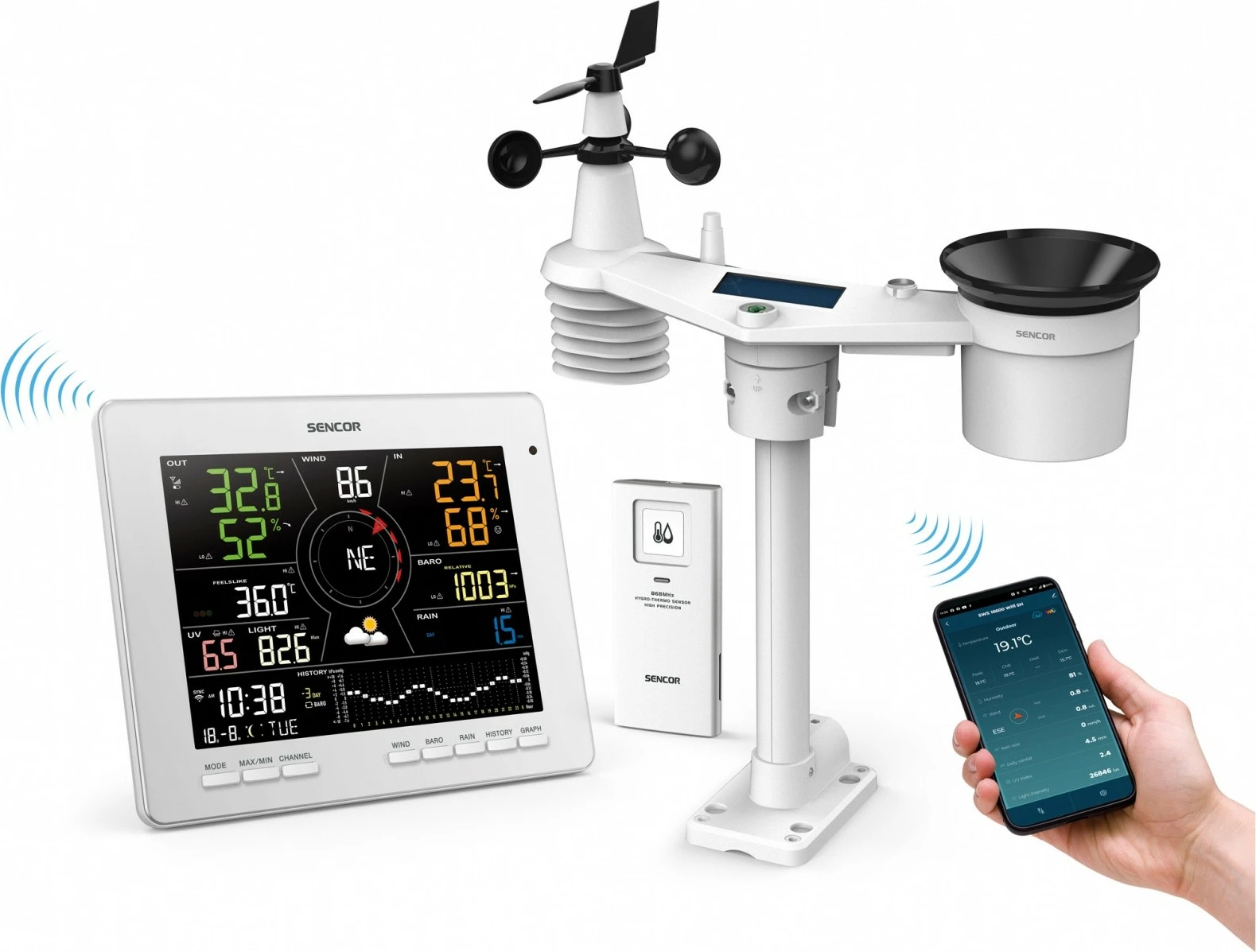 Stacion moti SMART Sencor SWS 16600 WiFi SH, me sensor 7-në-1 dhe TH, i bardhë