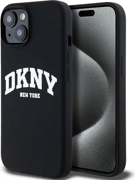 Mbështjellës DKNY Liquid Silicone me logo të bardhë, MagSafe, për iPhone 15 / 14 / 13, i zi