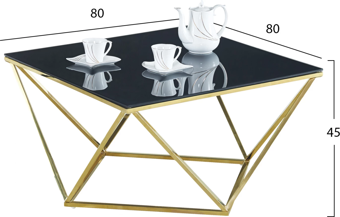 Tavolinë kafeje Willow FH8613.01 me xham të zi dhe bazë të artë 80X80X45 cm